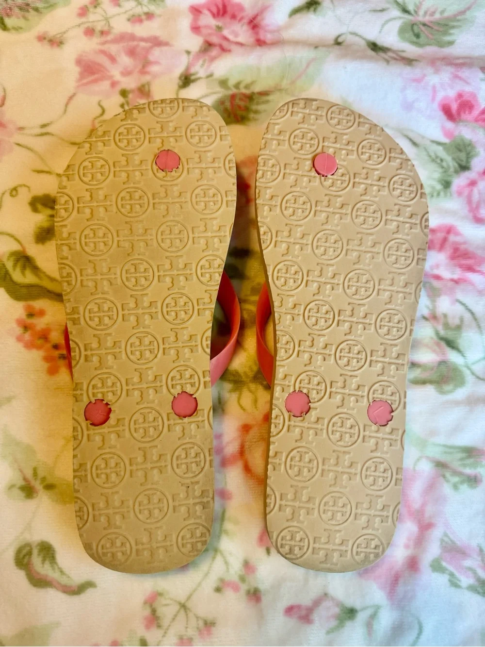 Tory Burch Pink Floral Flip Flop Sandals with Gold Logo Medallion